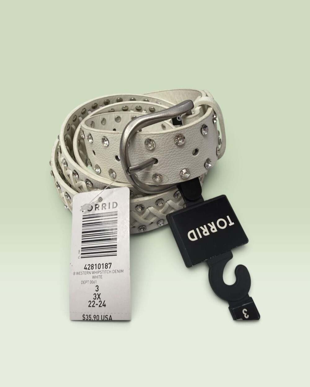 Torrid 3X White Western Belt Rhinestone Studded Braided Silver Buckle NWT
